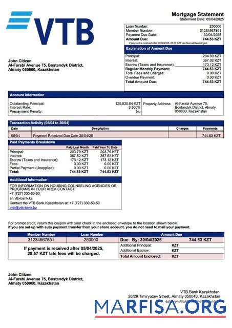 Downloadable Kazakhstan VTB Bank Kazakhstan mortgage statement Word and PDF template